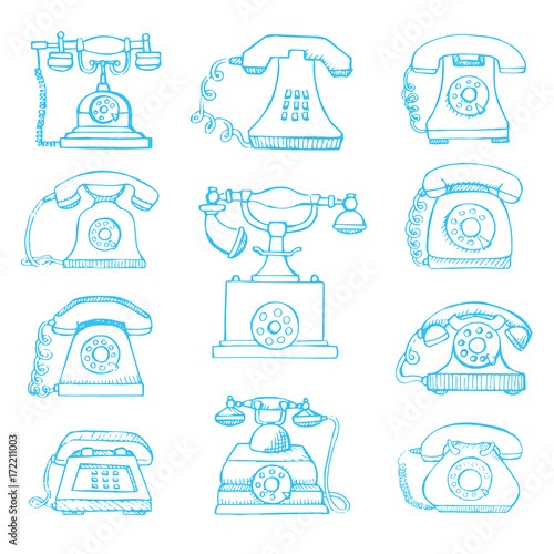 Sketch of set retro phone isolated on white background. Vector illustration.