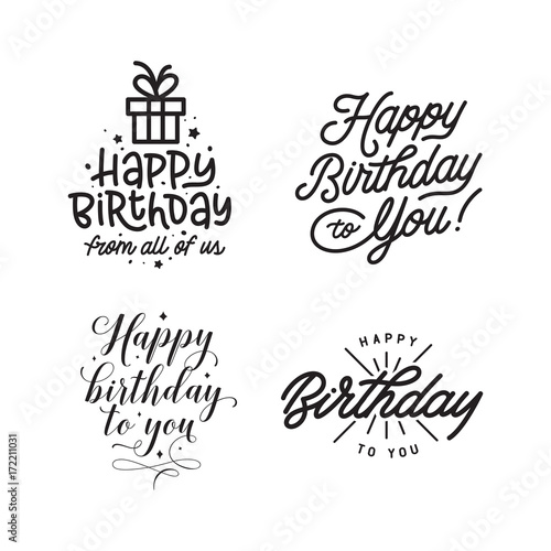 Happy birthday hand lettering compositions set. Vector vintage illustration.