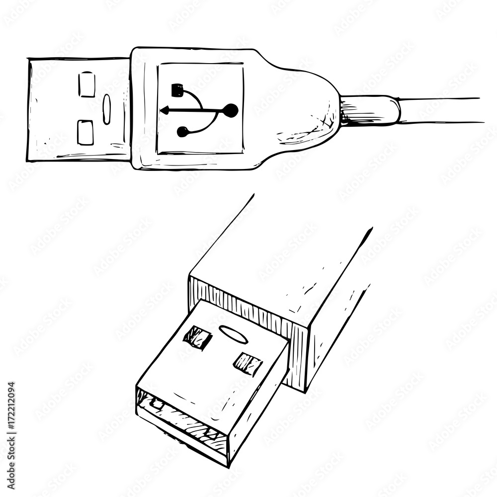 USB type A connector plug. USB cable vector illustration in sketch style.  Stock Vector | Adobe Stock