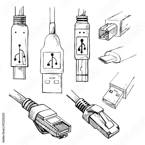 Set of data connector plug: different USB types, and RJ45 8P8C . Collection of vector illustration in sketch style.