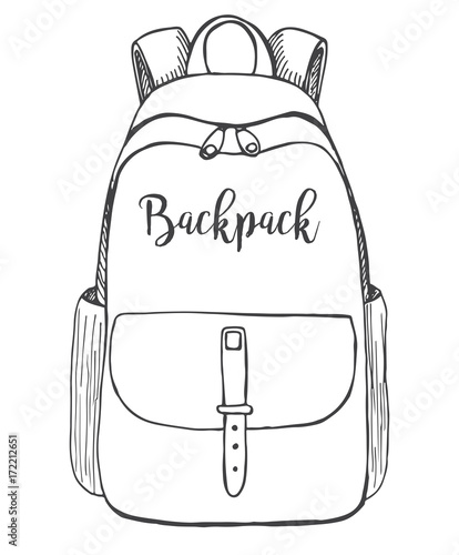 Sketch of a rucksack. Backpack isolated on white background. Vector illustration of a sketch style.