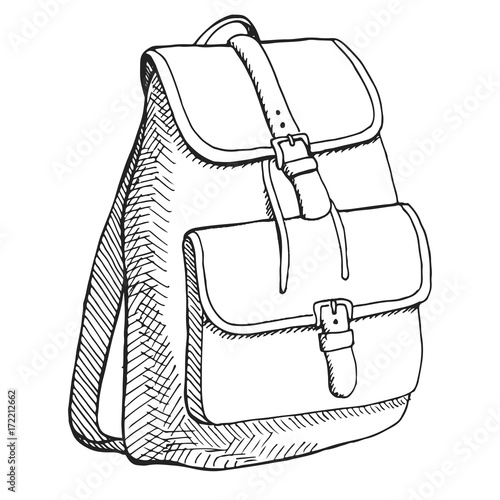 Sketch of a rucksack. Backpack isolated on white background. Vector illustration of a sketch style.