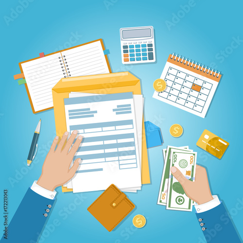 The concept of financial payment. Invoice, tax,bill paying. Human hands with documents, forms, money, calendar, calculator, notepad, purse, credit card, coins, envelope. Vector illustration. Top view. photo