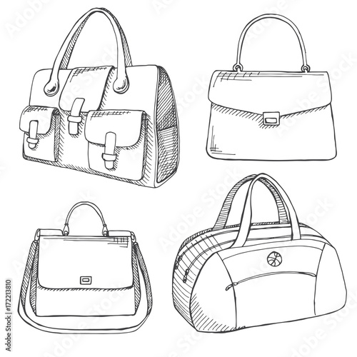 Set of different bags, men, women and unisex. Bags isolated on white background. Vector illustration in sketch style.