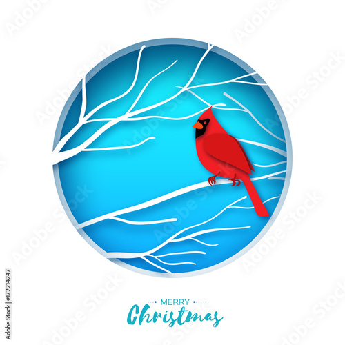 Red cardinal sitting on a branch. Merry Christmas Greeting Card.Bird sitting on a birches branch in paper cut style. Origami Fall winter. Happy holidays. Blue background. Vector