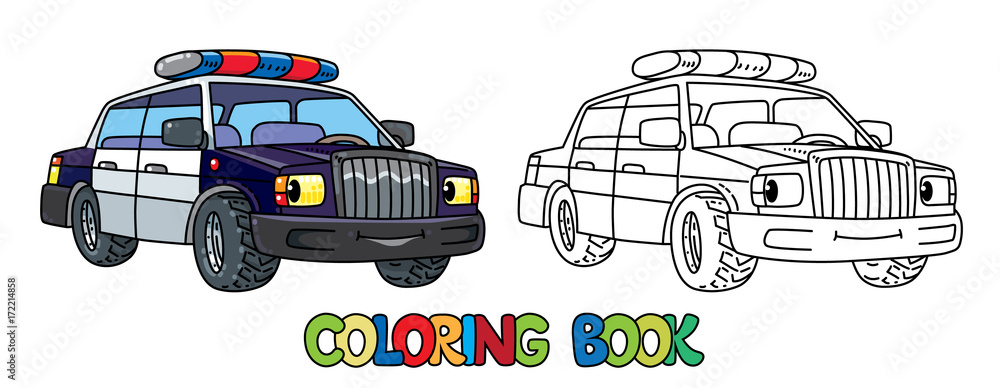 Obraz premium Funny small police car with eyes. Coloring book