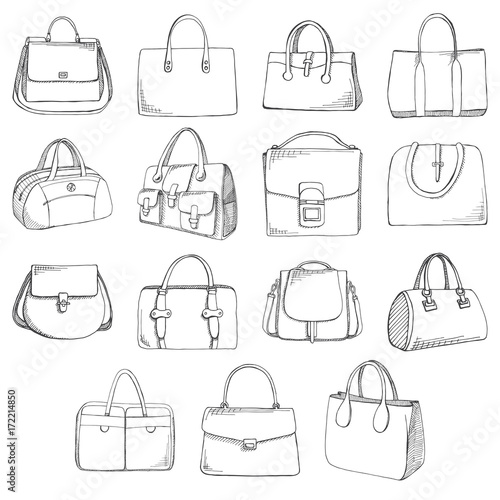 Set of different bags, men, women and unisex. Bags isolated on white background. Vector illustration in sketch style.