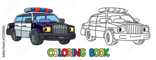 Funny small police car with eyes. Coloring book