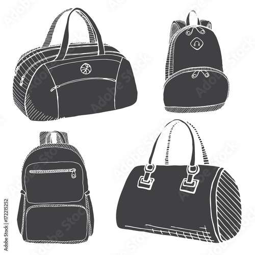 Set of different backpacks, men, women and unisex. Backpacks isolated on white background. Vector illustration in sketch style.