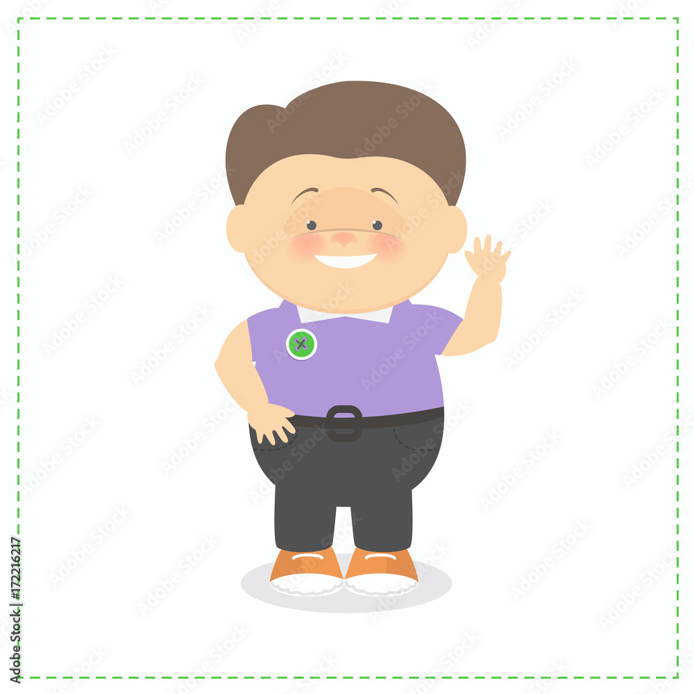 The boy waves his hand and smiles. Cartoon, isolated