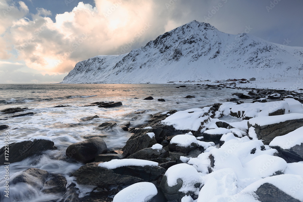N-wards view from Vareid beach over Vareidsundet. Mounts Hustinden-Rorliheia-Knubban. Flakstadoya-Lofoten-Norway.0435 N-wards view from Vareid beach over Vareidsundet. Mounts Hustinden-Rorliheia-Knubban. Flakstadoya-Lofoten-Norway.0435
