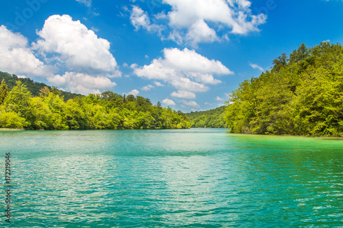  Beautiful landscape, waterfall and clear green water in the Plitvice Lakes National Park in Croatia 