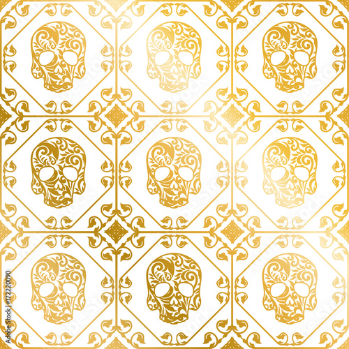 Seamless gold ornament of skulls with flower pattern..