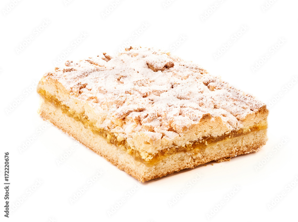 Lemon pie topped with sugar powder on white background. Macro photography with great depth of field. DoF . Lemon pie topped with sugar powder on white background. Macro photography with great depth of field. DoF .