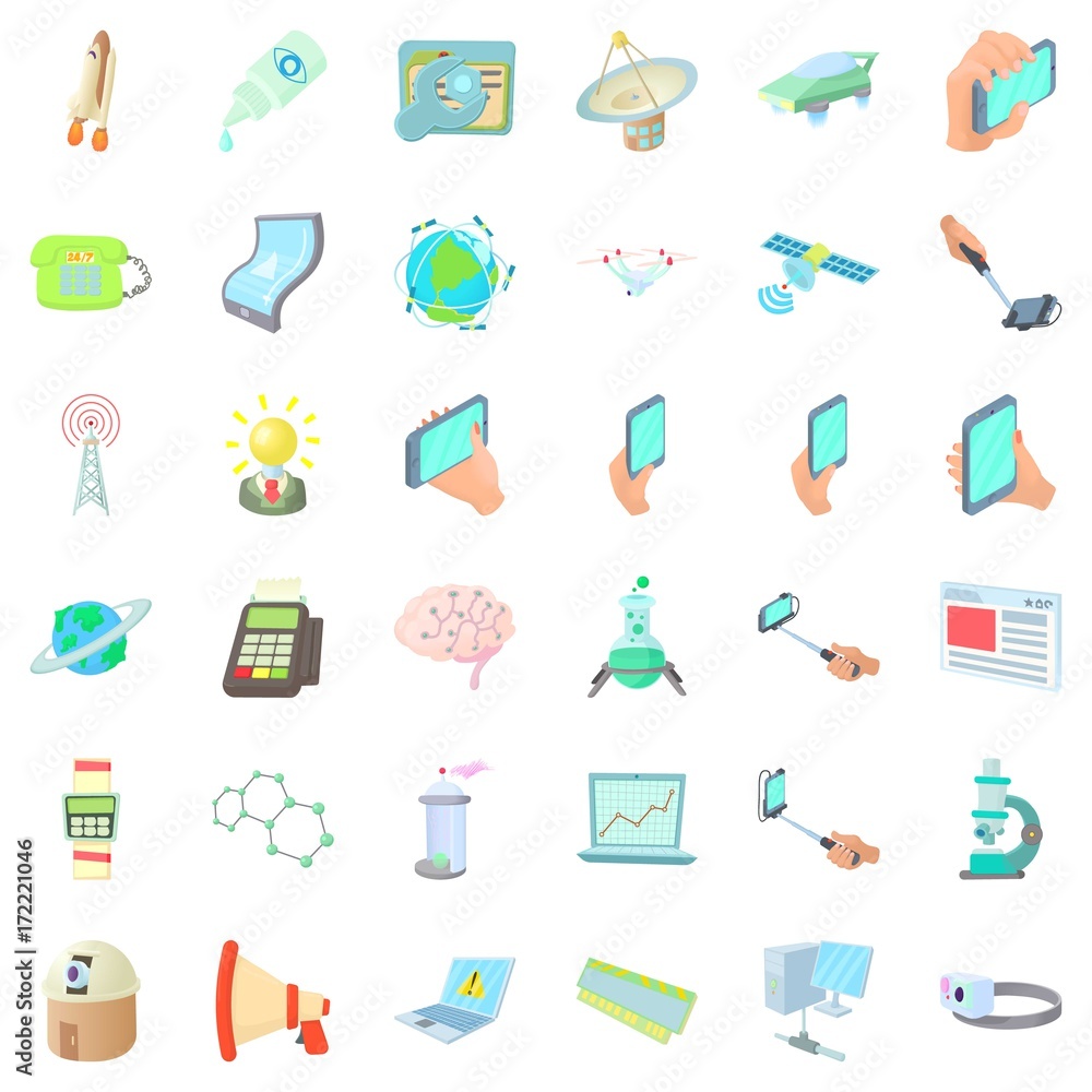 Communication icons set, cartoon style