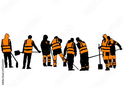 Road workers and construction equipment on a white background