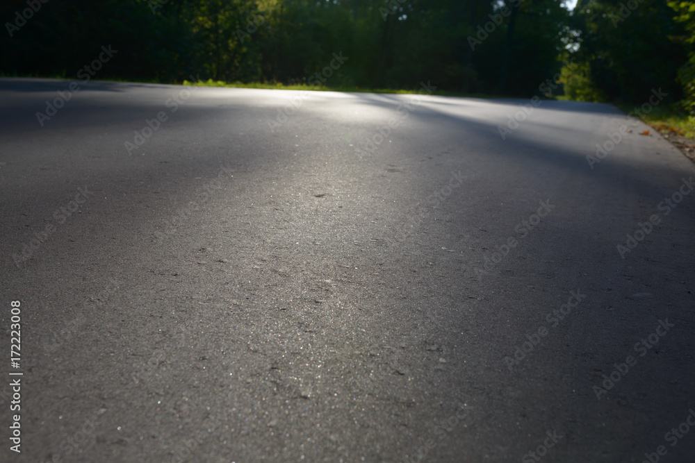 Asphalt road passing through the forest. Asphalt coating background texture. New fresh asphalt. Lights and shadows Asphalt road passing through the forest. Asphalt coating background texture. New fresh asphalt. Lights and shadows
