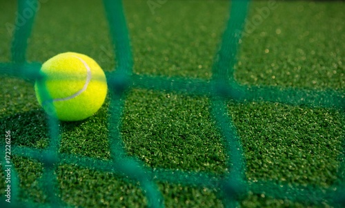Close up of tennis ball seen through net