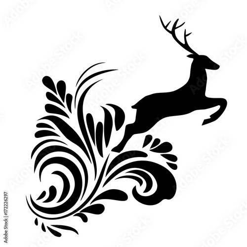 Russian Khokhloma, patterns deer, frame patterns, vector illustration, decorative plants with drop-shaped leaves