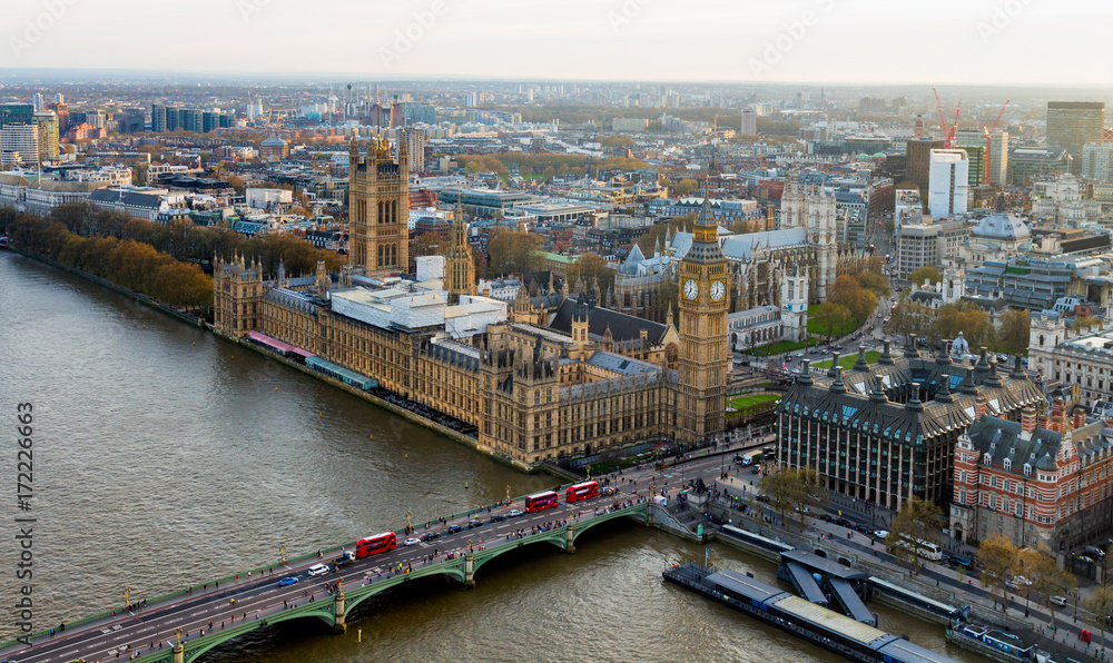 Beautiful panoramic scenic view on London's southern part from window of London Eye tourist attraction wheel cabin: cityscape, Westminster Abbey, Big Ben, Houses of Parliament and Thames river