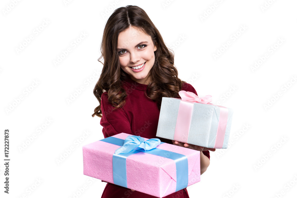 Pretty woman hands many presents isolated. Pretty woman hands many presents isolated.
