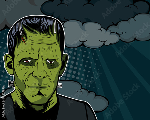 Halloween background vector with Frankenstein head. Vector illustration in retro comic style. Colorful pop art background. Halloween party invitation.