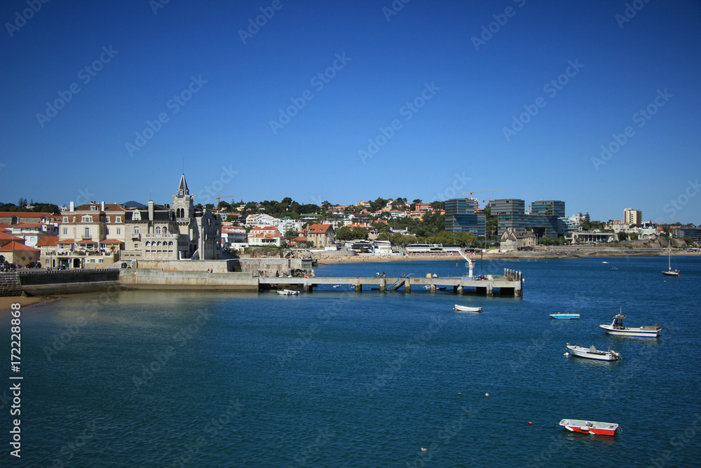 View of the village of Cascais from the sea. Portugal.