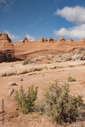 View of the iconic Delicate Arch in Moab Utah slick rock strata highlights the beauty of the American Southwest