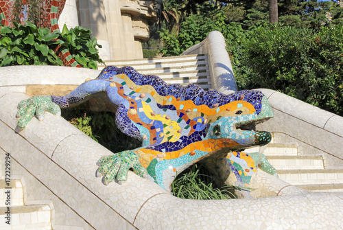 Mosaic salamander at the entrance of Guell Park, designed by Antoni Gaudi, Barcelona, Spain