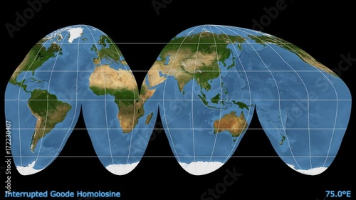 Animated world map in the Interrupted Goode Homolosine projection. Blue Marble raster photo