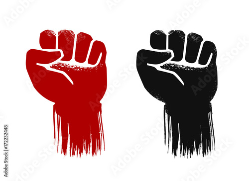 Raised fist, grunge. Force, strength, power symbol. Vector illustration