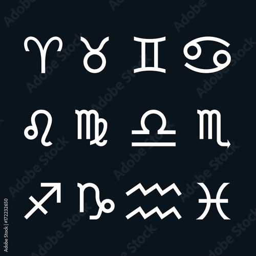 Vector graphics astrology set. A simple geometric representation of the zodiac signs for horoscope, simple lineart illustration. Isolated illustration on black background