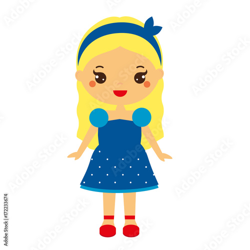 Kid girl in fashionable clothes. Cute baby girl in blue dress and red shoes © ksuklein