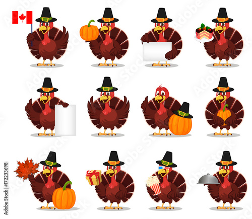 Thanksgiving greeting card with a turkey bird wearing a Pilgrim hat. Set