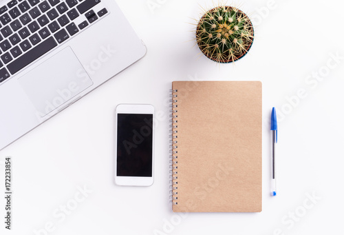 From above: notebook, mobile phone, cactus, pen and laptop