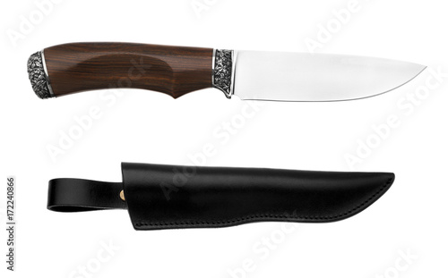 Hunting knife with wooden handle and leather case isolated on white
