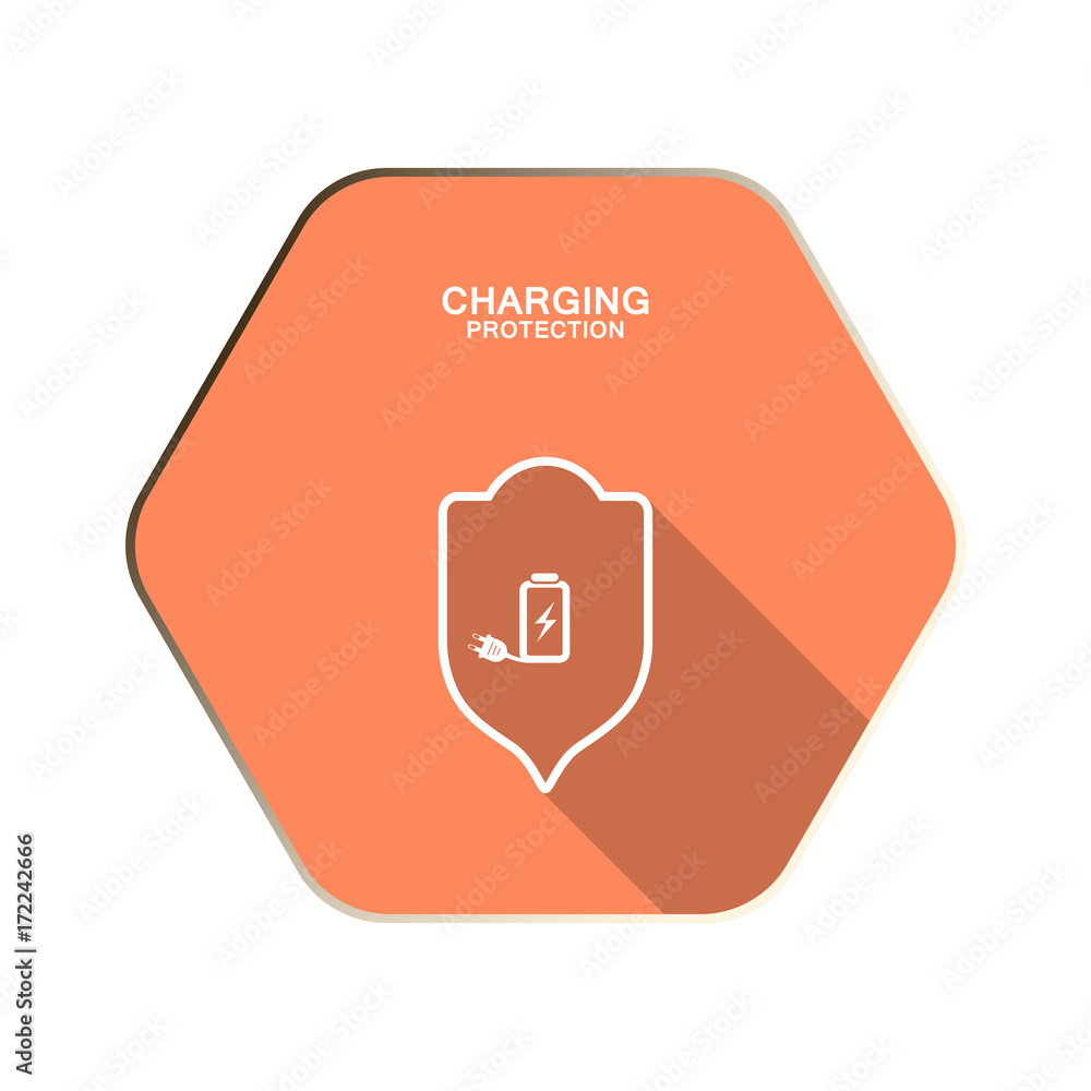 Vector Charging protection icon with shield and lightning on the red hexagon background with shadow. Vector Charging protection icon with shield and lightning on the red hexagon background with shadow.