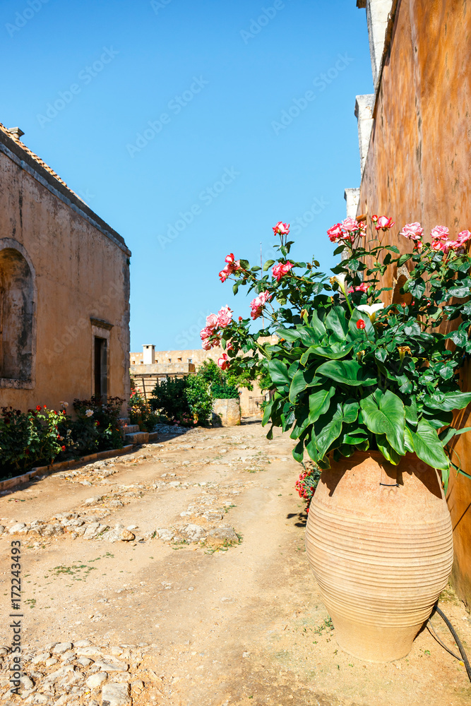 Beautiful roses in the pot,  Arkadi Monastery on Crete island, Greece