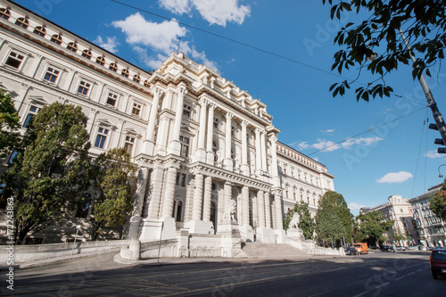 Low angle view of highest court Justizpalast building in downtown district at Vienna, Austria
