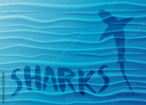 Shark silhouette in the deep sea. Blue water waves background with shark, sample text and copy-space. Vector Illustration.