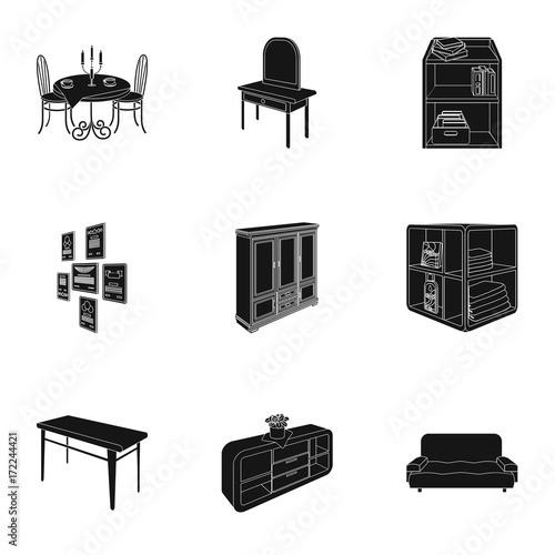 Coffee maker, sofa, mirror, table service in the restaurant and other web icon in black style isometric. Interior and office furniture icons in set collection.