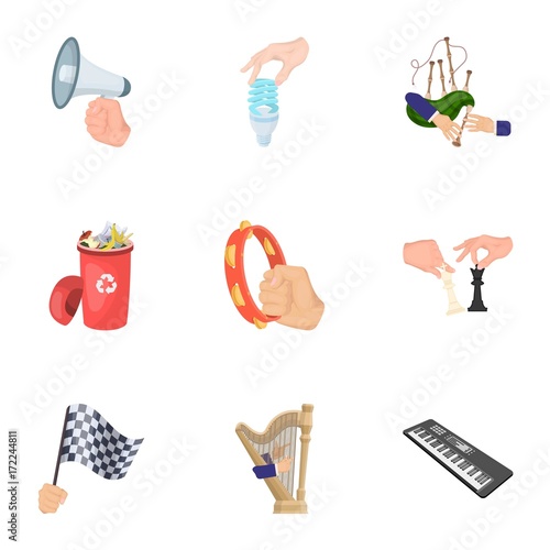 Musical instrument, garbage and ecology, electric applianc and other web icon in cartoon style. Megaphone, finishing checkered flag, gesture and manipulation with hands icons in set collection. photo