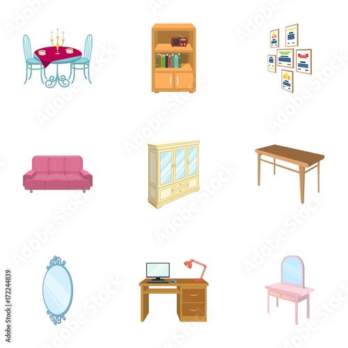 Coffee maker, sofa, mirror, table service in the restaurant and other web icon in cartoon style isometric. Interior and office furniture icons in set collection.