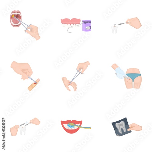 Anesthetic injection, examination of the tooth and other web icon in cartoon style. wound treatment, vision check icons in set collection.