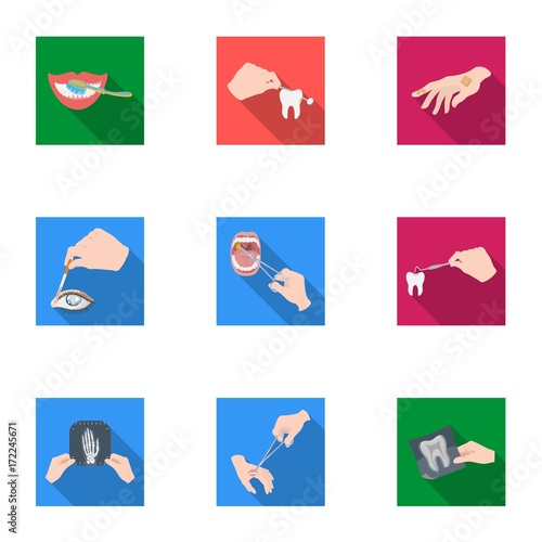Anesthetic injection, examination of the tooth and other web icon in flat style. wound treatment, vision check icons in set collection.