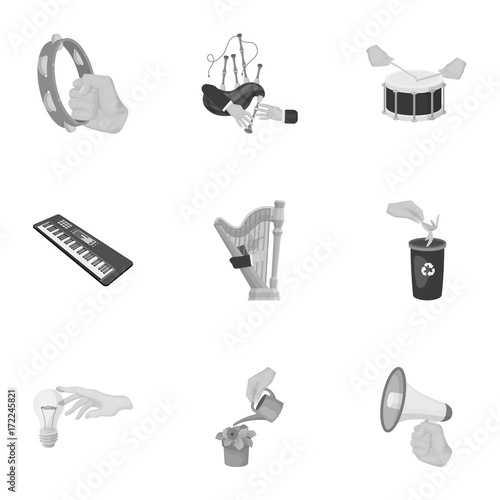 Musical instrument, garbage and ecology, electric applianc and other web icon in monochrome style. Megaphone, finishing checkered flag, gesture and manipulation with hands icons in set collection. photo