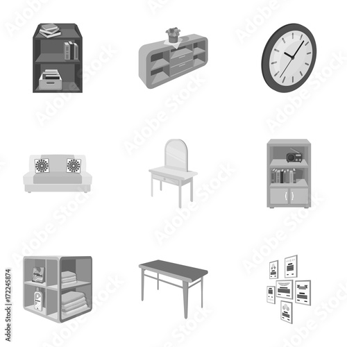 Coffee maker, sofa, mirror, table service in the restaurant and other web icon in monochrome style isometric. Interior and office furniture icons in set collection.