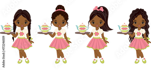 Vector Cute Little African American Girls with Tea Pot
