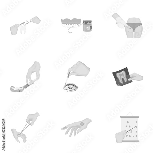 Anesthetic injection, examination of the tooth and other web icon in monochrome style. wound treatment, vision check icons in set collection.