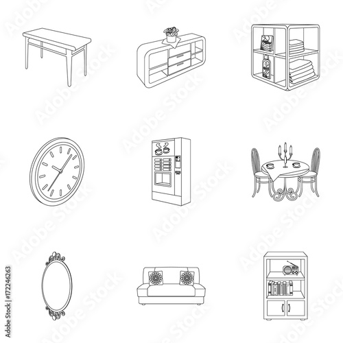 Coffee maker, sofa, mirror, table service in the restaurant and other web icon in outline style isometric. Interior and office furniture icons in set collection.